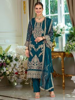 Indo Era - Teal Embroidered Straight Kurta and Pant with Dupatta