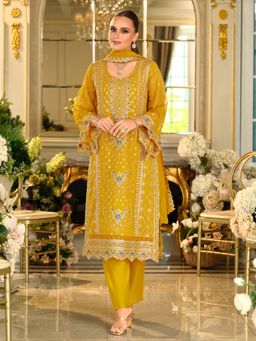 Indo Era - Yellow Embroidered Straight Kurta and Pant with Dupatta