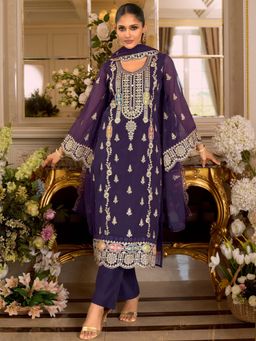 Indo Era - Purple Embroidered Straight Kurta and Pant with Dupatta