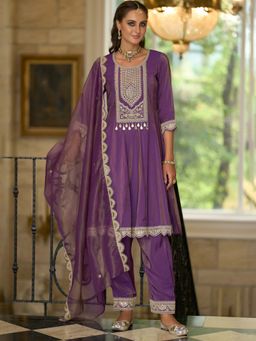 Indo Era - Purple Embroidered A-Line Kurta and Pant with Dupatta