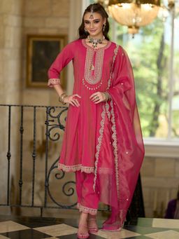 Indo Era - Pink Embroidered Straight Kurta and Pant with Dupatta