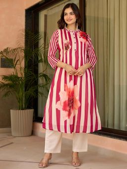 Indo Era - Pink Floral Printed A-Line Kurta and Pant