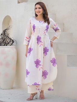 Indo Era - Cream Floral Printed A-Line Kurta and Palazzo
