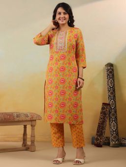 Indo Era - Yellow Floral Straight Kurta and Pant with Dupatta