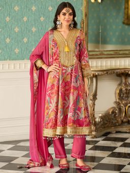 Indo Era - Pink Floral Printed Anarkali Kurta and Pant with Dupatta