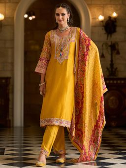 Indo Era - Mustard Embroidered Straight Kurta and Pant with Dupatta