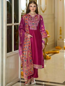 Indo Era - Pink Embroidered Straight Kurta and Pant with Dupatta