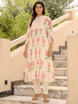 Indo Era - Cream Floral Printed A-Line Kurta and Pant