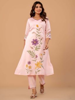 Indo Era - Floral Pink Embroidered A-Line Kurta and Pant