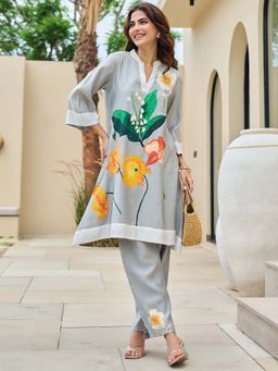 Indo Era - Grey Floral Printed A-Line Kurta and Pant