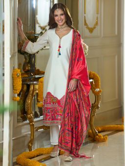 Indo Era - White Embroidered Straight Kurta and Pant with Dupatta