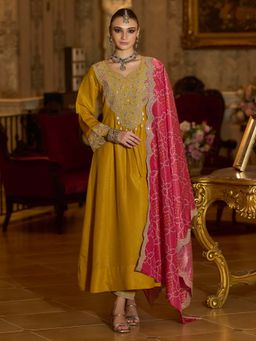 Indo Era - Yellow Embroidered A-Line Kurta and Pant with Dupatta