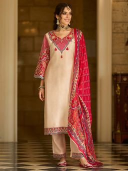 Indo Era - Cream Embroidered A-Line Kurta and Pant with Dupatta