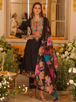 Indo Era - Black Embroidered A-Line Kurta and Pant with Dupatta