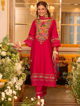 Indo Era - Pink Embroidered A-Line Kurta and Pant with Dupatta
