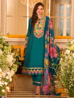 Indo Era - Teal Embroidered A-Line Kurta and Pant with Dupatta