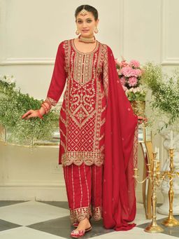 Indo Era - Red Embroidered Straight Kurta and Palazzo with Dupatta