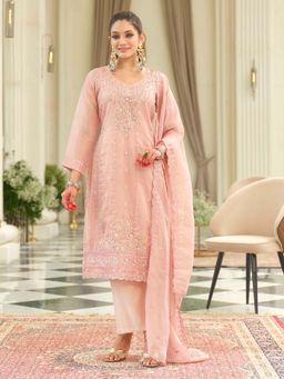 Indo Era - Pink Embroidered Straight Kurta and Pant with Dupatta
