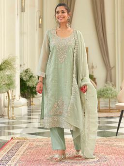 Indo Era - Sea Green Embroidered Straight Kurta and Pant with Dupatta