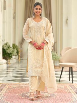 Indo Era - Beige Embroidered Straight Kurta and Pant with Dupatta