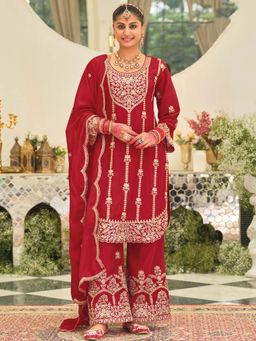 Indo Era - Red Embroidered Straight Kurta and Palazzo with Dupatta