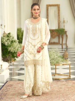 Indo Era - White Embroidered Straight Kurta and Palazzo with Dupatta