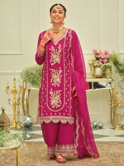 Indo Era - Pink Embroidered Straight Kurta and Palazzo with Dupatta