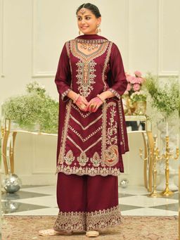 Indo Era - Maroon Embroidered Straight Kurta and Palazzo with Dupatta