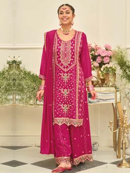 Indo Era - Pink Embroidered Straight Kurta and Palazzo with Dupatta