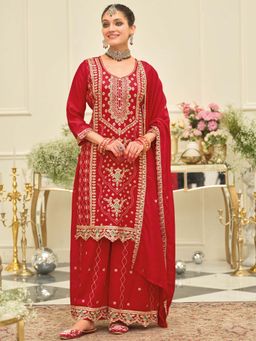 Indo Era - Red Embroidered Straight Kurta and Palazzo with Dupatta