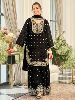 Indo Era - Black Floral Embroidered Straight Kurta and Palazzo with Dupatta