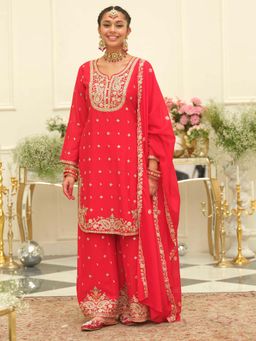 Indo Era - Red Floral Embroidered Straight Kurta and Palazzo with Dupatta