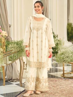 Indo Era - White Embroidered Straight Kurta and Palazzo with Dupatta