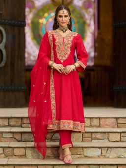 Indo Era - Red Embroidered A-Line Kurta and Pant with Dupatta