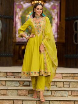 Indo Era - Yellow Embroidered A-Line Kurta and Pant with Dupatta