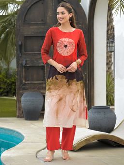 Indo Era - Red Printed Straight Kurta and Pant