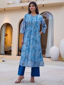 Indo Era - Blue Floral Printed A-Line Kurta and Pant