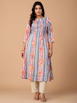 Indo Era - Blue Floral Printed A-Line Kurta and Pant