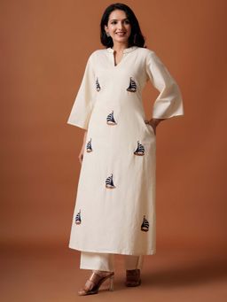 Indo Era - Cream Embroidered A-Line Kurta and Palazzo
