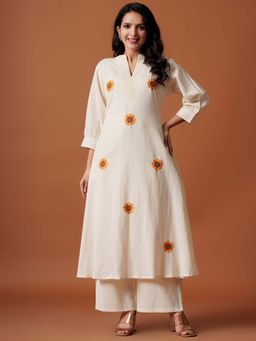 Indo Era - Cream Floral Embroidered A-Line Kurta and Palazzo