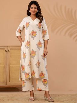 Indo Era - Cream Printed A-Line Kurta and Palazzo