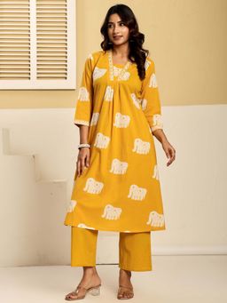 Indo Era - Yellow Printed A-Line Kurta and Pant