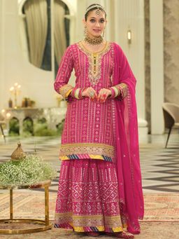 Indo Era - Pink Embroidered Straight Kurta Sharara with Dupatta