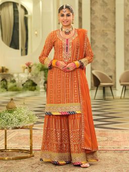Indo Era - Orange Embroidered Straight Kurta Sharara with Dupatta