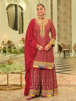 Indo Era - Red Embroidered Straight Kurta Sharara with Dupatta