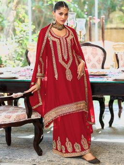Indo Era - Red Embroidered A-Line Kurta and Palazzo with Dupatta
