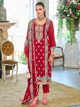Indo Era - Red Embroidered Straight Kurta and Pant with Dupatta