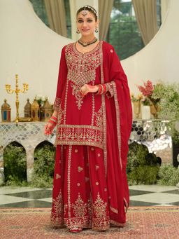 Indo Era - Red Embroidered Straight Kurta and Skirt with Dupatta