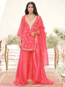 Indo Era - Pink Embroidered A-Line Kurti Palazzos with Dupatta