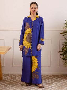 Indo Era - Blue Floral Printed Straight Co-Ord Set